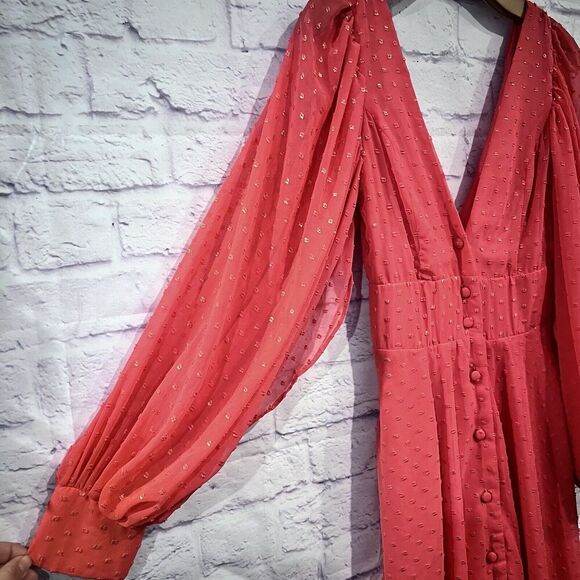 Kimberly Goldson Size XS Lesli Jacquard Long Sleeve Maxi Dress Coral Gold V Neck - Picture 7 of 16